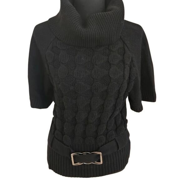 Elena Wang Womens Turtle Neck Bubble Knit Short Sleeve Sweater Black Medium - Picture 1 of 9